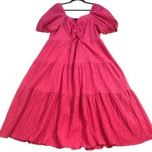 Shein Curve Pink Smocked Tiered Puff Sleeve Peek-a-Boo Front‎ Midi Dress Size 3X